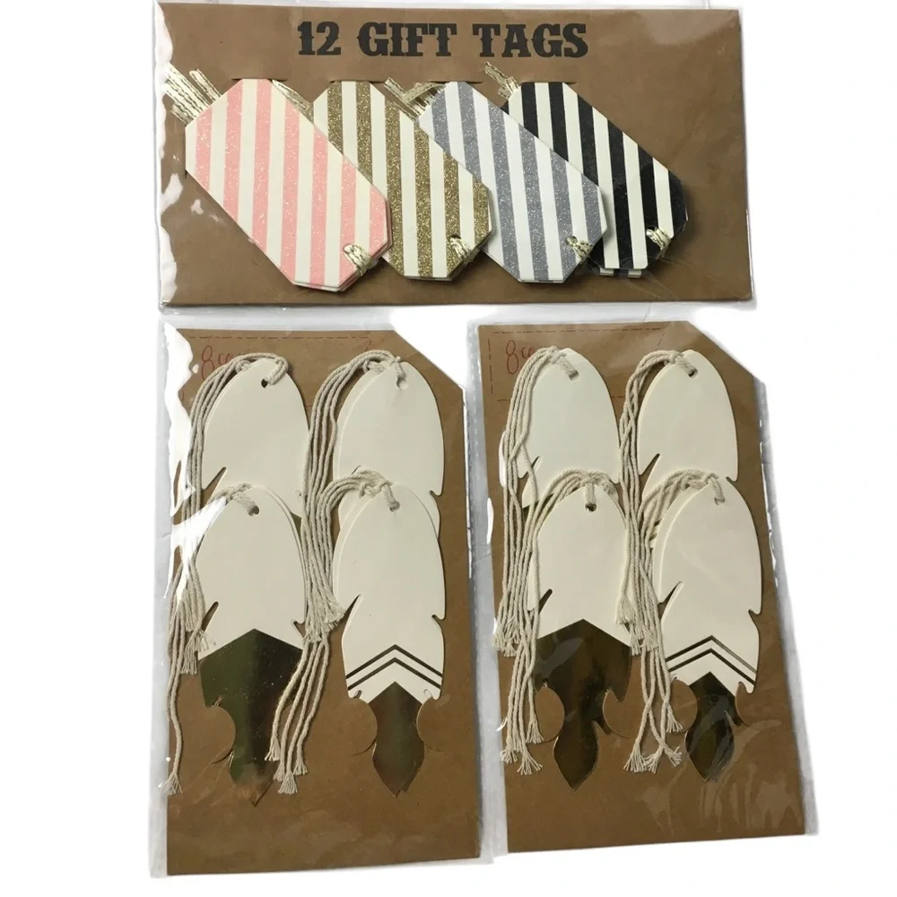 GIFT TAGS Feather Stripe Gold Glitter Metallic 28 Total Die Cut Labeling NWT
